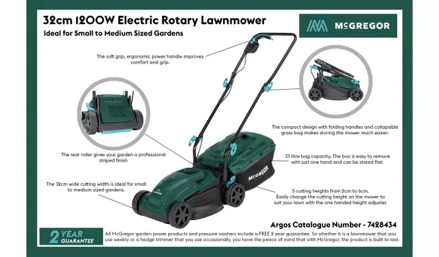 McGregor 32cm Corded Rotary Lawnmower – 1200W2 McGregor 32cm Corded Rotary Lawnmower – 1200W2