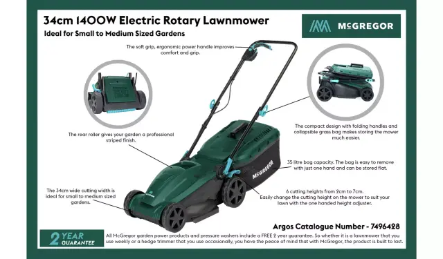 McGregor 34cm Corded Rotary Lawnmower – 1400W1 McGregor 34cm Corded Rotary Lawnmower – 1400W1