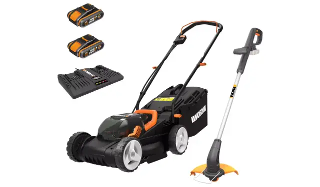 Worx Cordless 34cm Rotary Lawnmower and 25cm Grass Trimmer